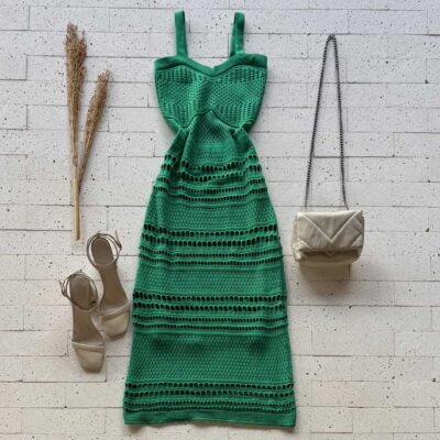 Dondoca_com_br Vestido Trico Midi Detalhado Verde