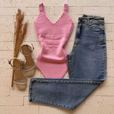 Dondoca_com_br Body Modal Busto Detalhado Com Furinhos Rosa