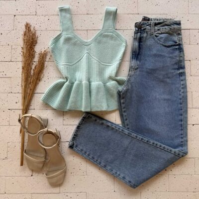 Dondoca_com_br Cropped Regata Modal Peplum Detalhado Verde Claro