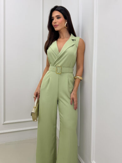 Dondoca_com_br Macacao Alfaiataria Pantalona Com Cinto Verde