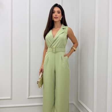 Dondoca_com_br Macacao Alfaiataria Pantalona Com Cinto Verde