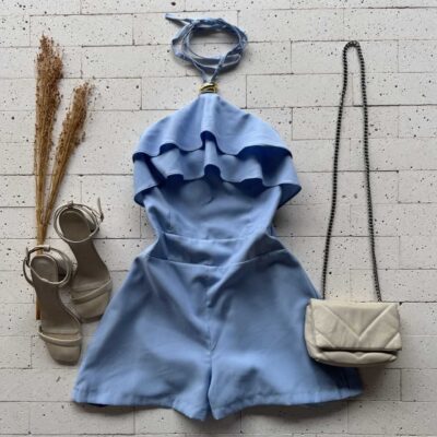 Dondoca_com_br Macaquinho Feminino Com Babado No Busto E Argola Dourada Azul