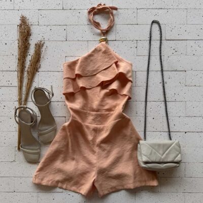 Dondoca_com_br Macaquinho Feminino Com Babado No Busto E Argola Dourada Laranja