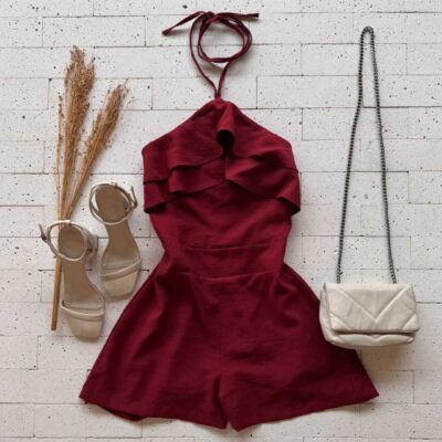 Dondoca_com_br Macaquinho Feminino Com Babado No Busto Marsala