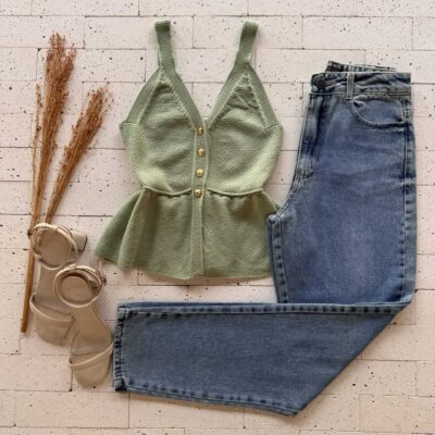 Dondoca_com_br Regata Modal Peplum Detalhe Botoes Pistache