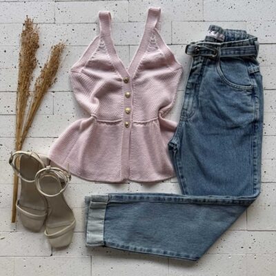 Dondoca_com_br Regata Modal Peplum Detalhe Botoes Rosa Claro