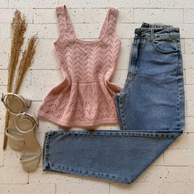 Dondoca_com_br Regata Modal Peplum Ponto Detalhado Rose