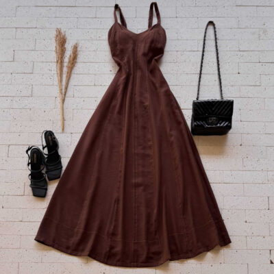 Dondoca_com_br Vestido Longuete Marrant Pespontado Cafe