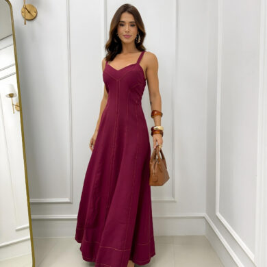 Dondoca_com_br Vestido Longuete Marrant Pespontado Marsala