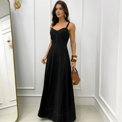 Dondoca_com_br Vestido Longuete Marrant Pespontado Preto