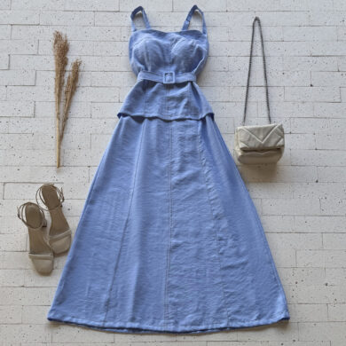 Dondoca_com_br Vestido Midi Marrant Detalhe Sobreposto E Cinto Faixa Azul