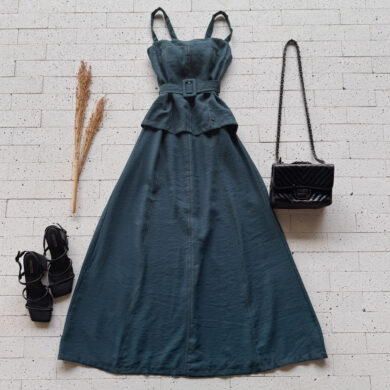 Dondoca_com_br Vestido Midi Marrant Detalhe Sobreposto E Cinto Faixa Petroleo