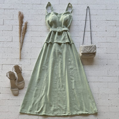 Dondoca_com_br Vestido Midi Marrant Detalhe Sobreposto E Cinto Faixa Pistache
