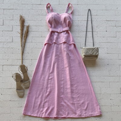 Dondoca_com_br Vestido Midi Marrant Detalhe Sobreposto E Cinto Faixa Rosa