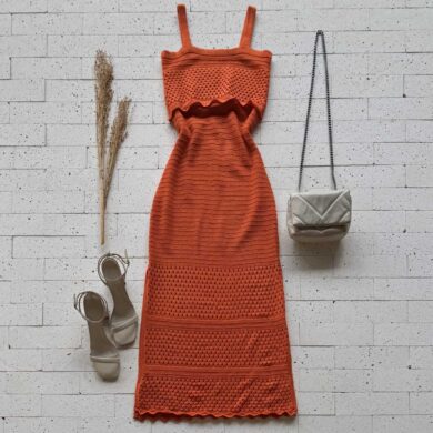 Dondoca_com_br Vestido Trico Midi Busto Furinhos E Fenda Laranja