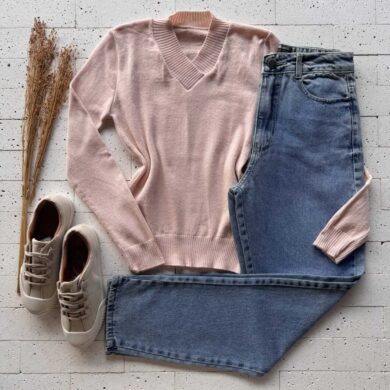 Dondoca_com_br Blusa Trico Gola V Basic Bege