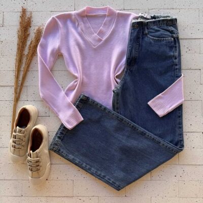 Dondoca_com_br Blusa Trico Gola V Basic Rosa Claro
