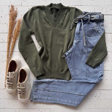 Dondoca_com_br Blusa Trico Gola V Basic Verde Oliva