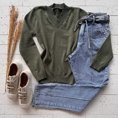Dondoca_com_br Blusa Trico Gola V Basic Verde Oliva
