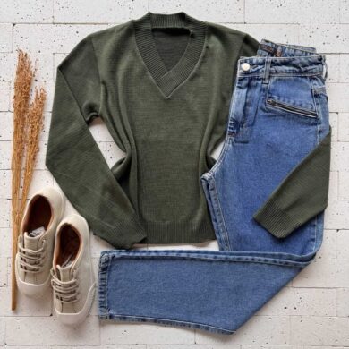 Dondoca_com_br Blusa Trico Gola V Basic Verde Oliva