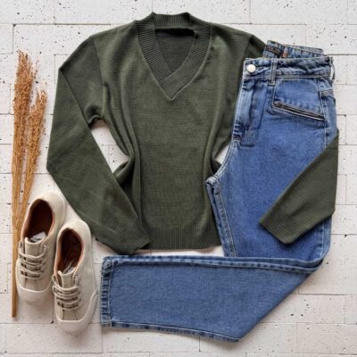 Dondoca_com_br Blusa Trico Gola V Basic Verde Oliva