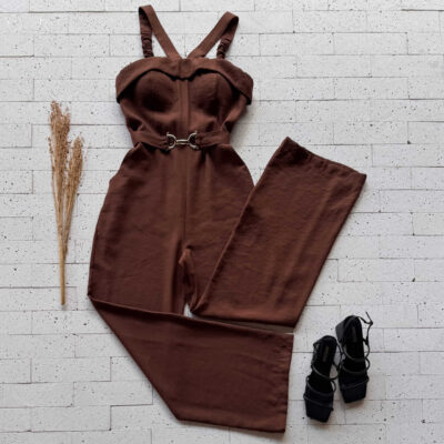 Dondoca_com_br Macacao Com Cinto De Fivela Dourada E Bojo Cafe