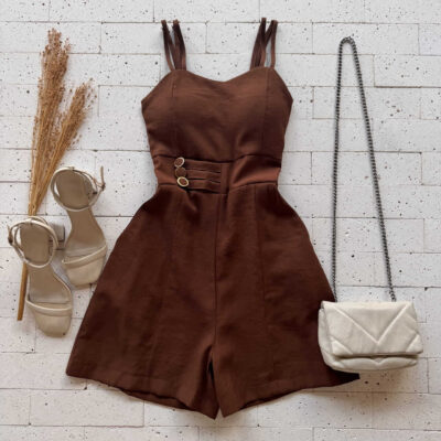 Dondoca_com_br Macaquinho Marrant Detalhe Botoes Na Cintura Cafe