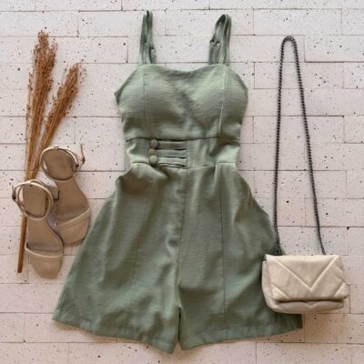 Dondoca_com_br Macaquinho Marrant Detalhe Botoes Na Cintura Verde Oliva