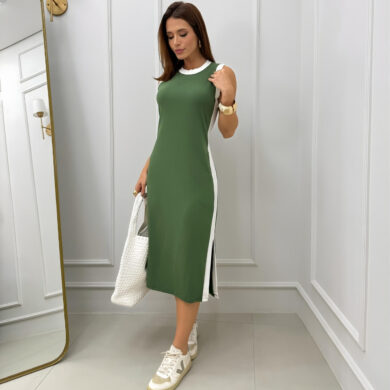 Dondoca_com_br Vestido Casual Midi Regata Com Fenda Verde Oliva