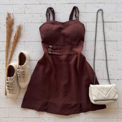 Dondoca_com_br Vestido Curto Com Short Embutido E Botoes Na Cintura Cafe