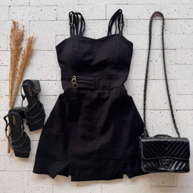 Dondoca_com_br Vestido Curto Com Short Embutido E Botoes Na Cintura Preto