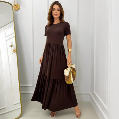 Dondoca_com_br Vestido Midi Moletinho Com Manguinha E Camadas Cafe