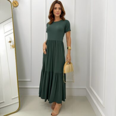 Dondoca_com_br Vestido Midi Moletinho Com Manguinha E Camadas Verde Oliva