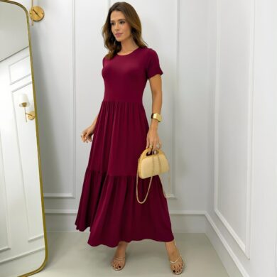 Dondoca_com_br Vestido Midi Moletinho Com Manguinha E Camadas Vinho