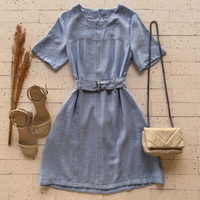 Dondoca_com_br Vestido Pespontado Com Cinto Azul