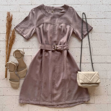 Dondoca_com_br Vestido Pespontado Com Cinto Nude