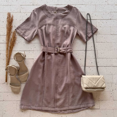 Dondoca_com_br Vestido Pespontado Com Cinto Nude