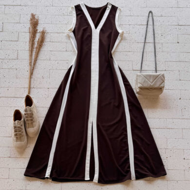 Dondoca_com_br Vestido Regata Midi Moletinho Bicolor Com Fenda Cafe