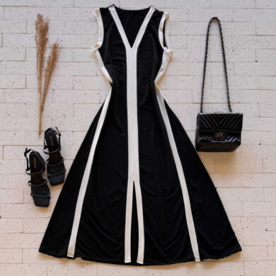 Dondoca_com_br Vestido Regata Midi Moletinho Bicolor Com Fenda Preto