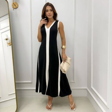 Dondoca_com_br Vestido Regata Midi Moletinho Bicolor Com Fenda Preto
