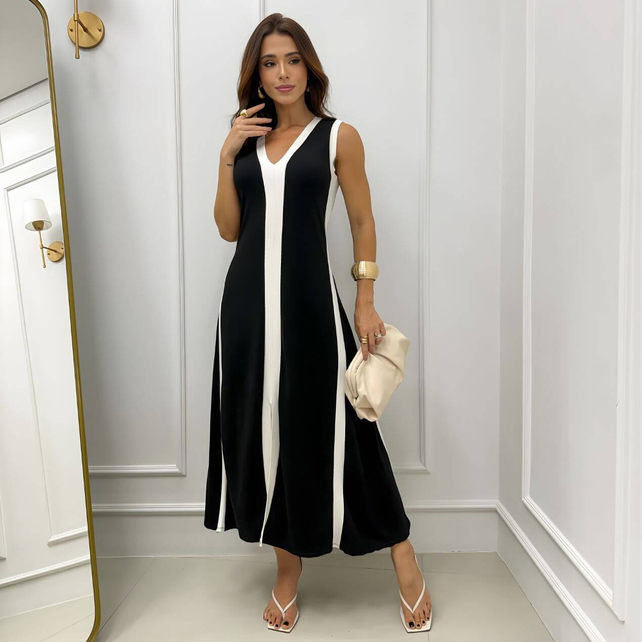 Dondoca_com_br Vestido Regata Midi Moletinho Bicolor Com Fenda Preto Dondoca_com_br Vestido Regata Midi Moletinho Bicolor Com Fenda Preto