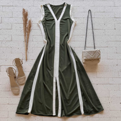Dondoca_com_br Vestido Regata Midi Moletinho Bicolor Com Fenda Verde Oliva