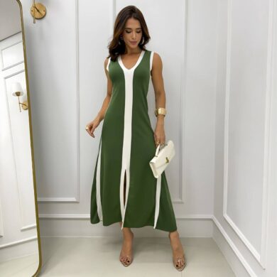 Dondoca_com_br Vestido Regata Midi Moletinho Bicolor Com Fenda Verde Oliva
