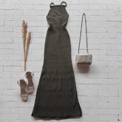 Dondoca_com_br Vestido Trico Longuete Com Laco Nas Costas Verde Oliva