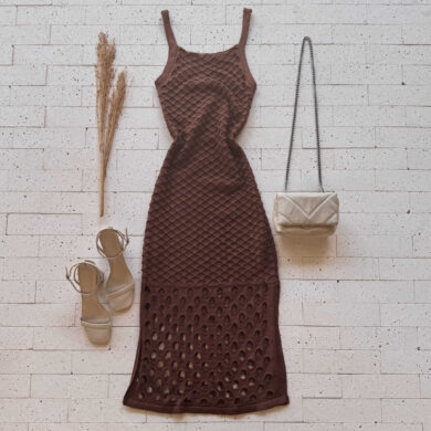 Dondoca_com_br Vestido Trico Midi Trama Colmeia Cafe