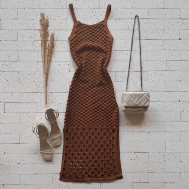 Dondoca_com_br Vestido Trico Midi Trama Colmeia Marrom