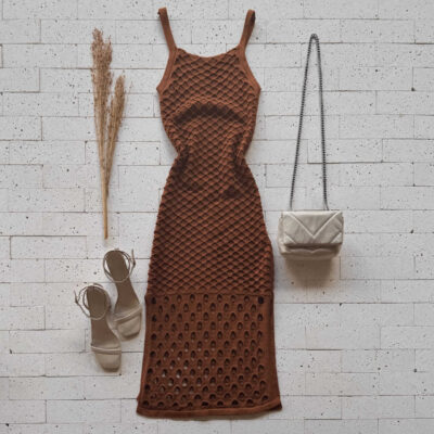 Dondoca_com_br Vestido Trico Midi Trama Colmeia Marrom