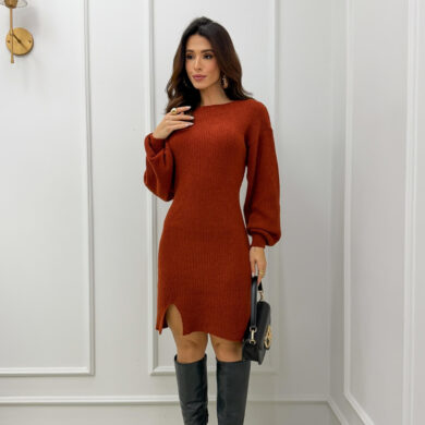 Dondoca_com_br Vestido Trico Mousse Manga Longa Premium Carmim
