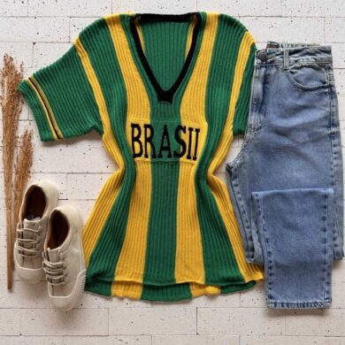Dondoca_com_br Blusa Do Brasil Em Trico Alongada Verde E Amarelo