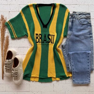 Dondoca_com_br Blusa Do Brasil Em Trico Alongada Verde E Amarelo